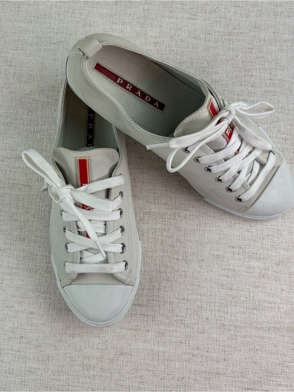 Prada women's size 38.5 White Leather low top Sneakers with Red Stripe Detail - Picture 2 of 16